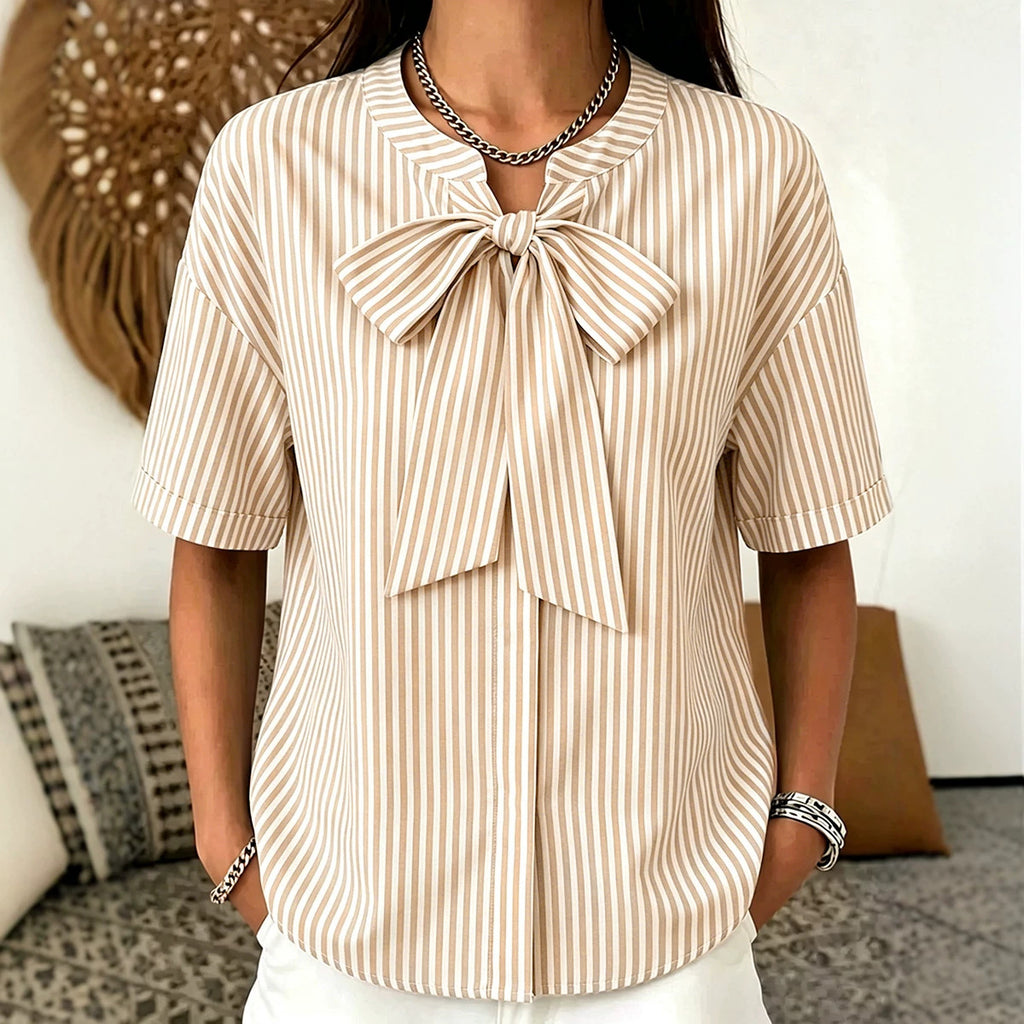 Simple Striped Casual Short-sleeve Shirt With A Bow Tie by Ricaloux