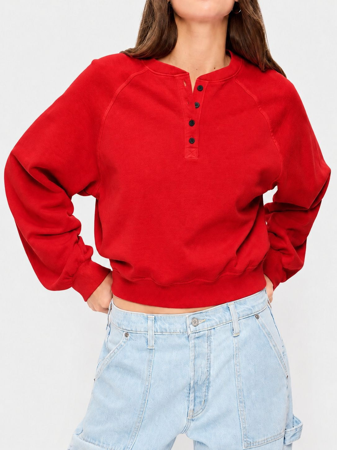 Womens Crew-neck Button-up Sweatshirt Loose-fit Casual Cropped Top by Ricaloux