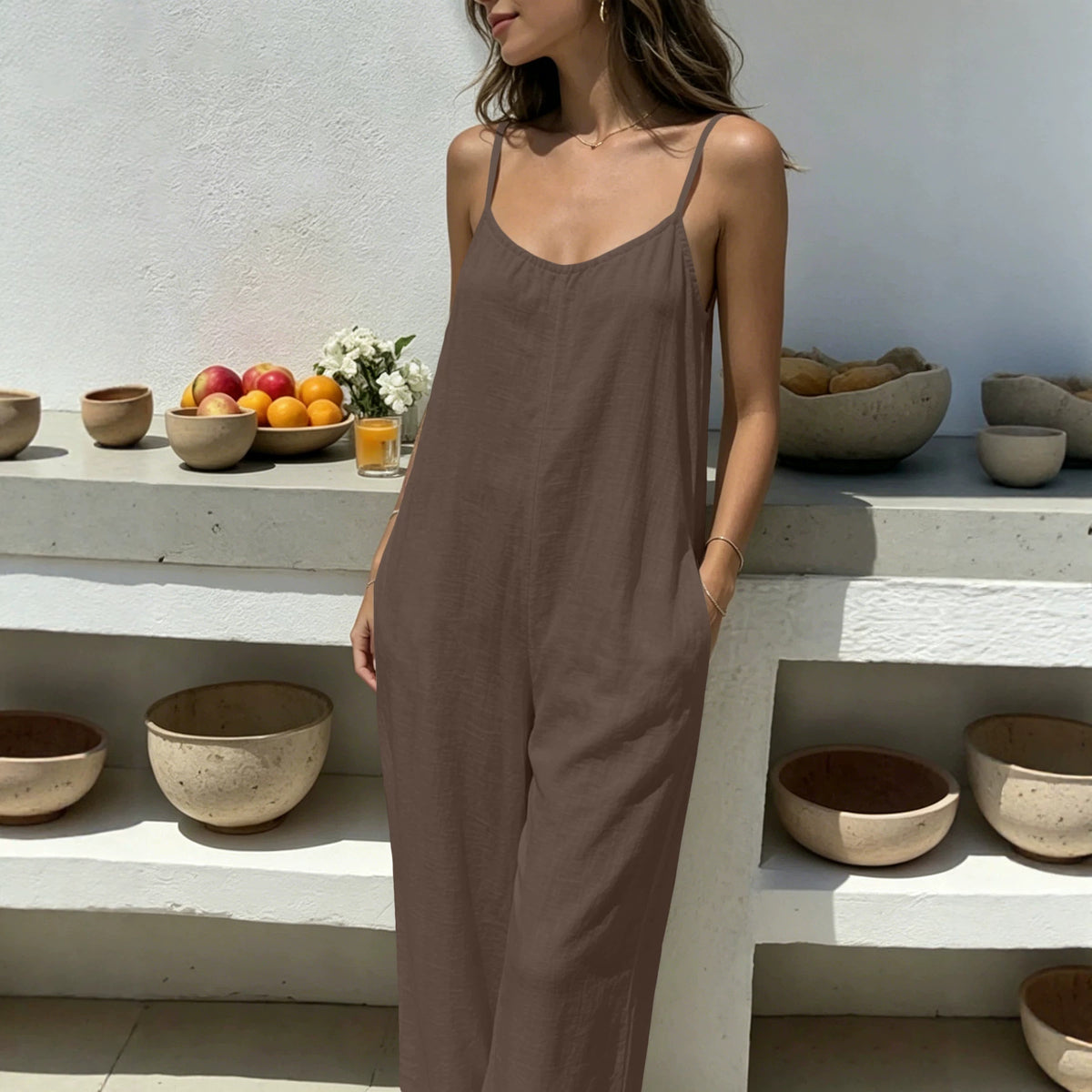 Womens Backless Drawstring Loose Strap Wide-leg Jumpsuit by Ricaloux