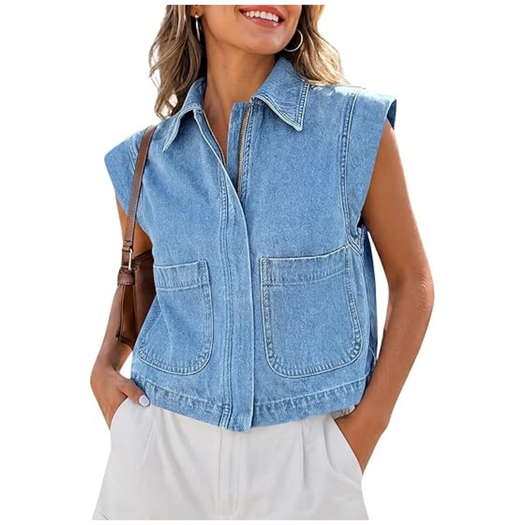 Womens Zippered Denim Vest Summer Sleeveless Waistcoat – Premium 0 | RICALOUX