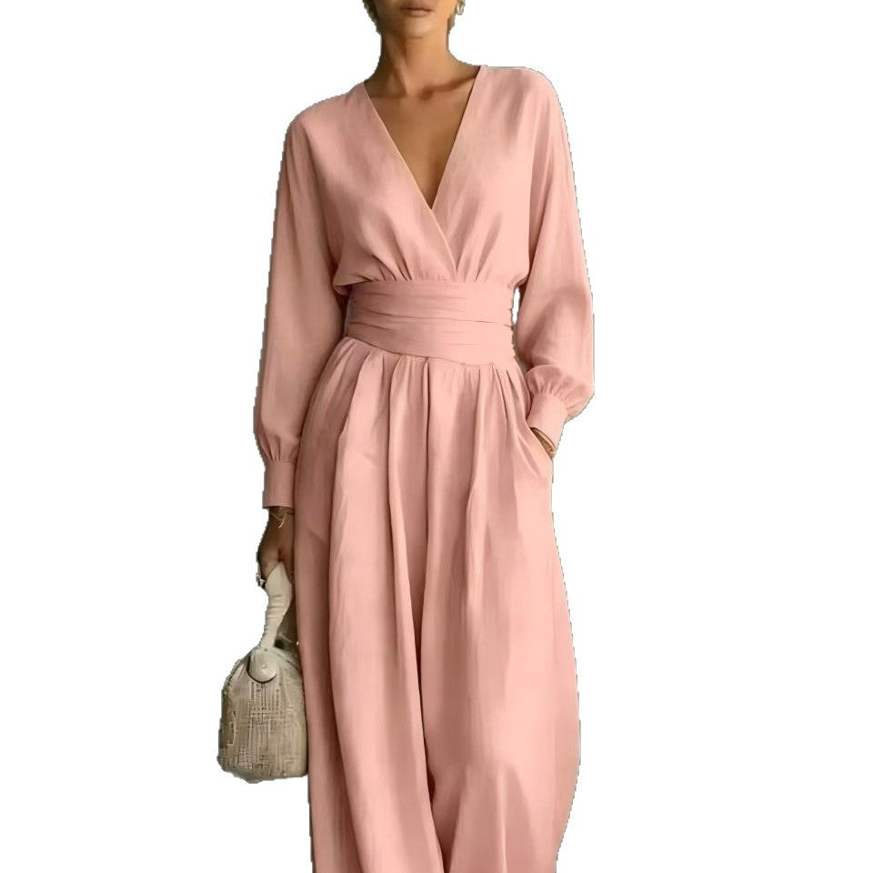 Fitted-waist V-neck Long-sleeve Womens Solid-color Jumpsuit – Premium 0 | RICALOUX