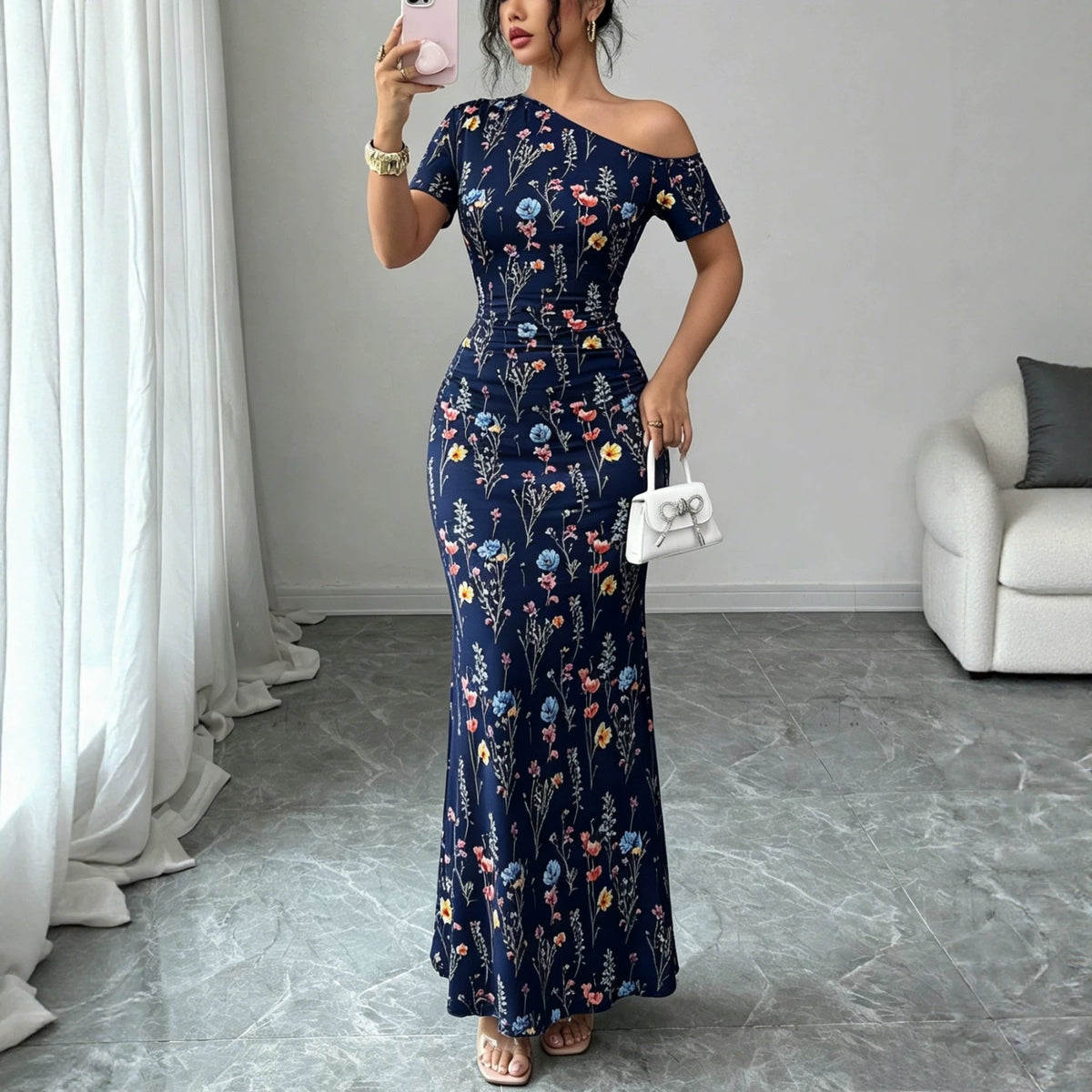 Womens Off-shoulder Floral Fishtail Dress by Ricaloux