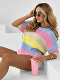 Womens Rainbow-Striped Knitted Short-Sleeve Top by Ricaloux