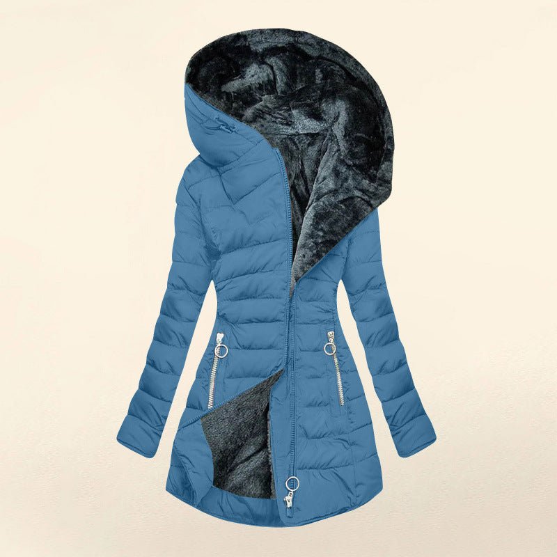 Women's Plush Hooded Mid-length Oblique Zipper Cotton-padded Coat - RICALOUX
