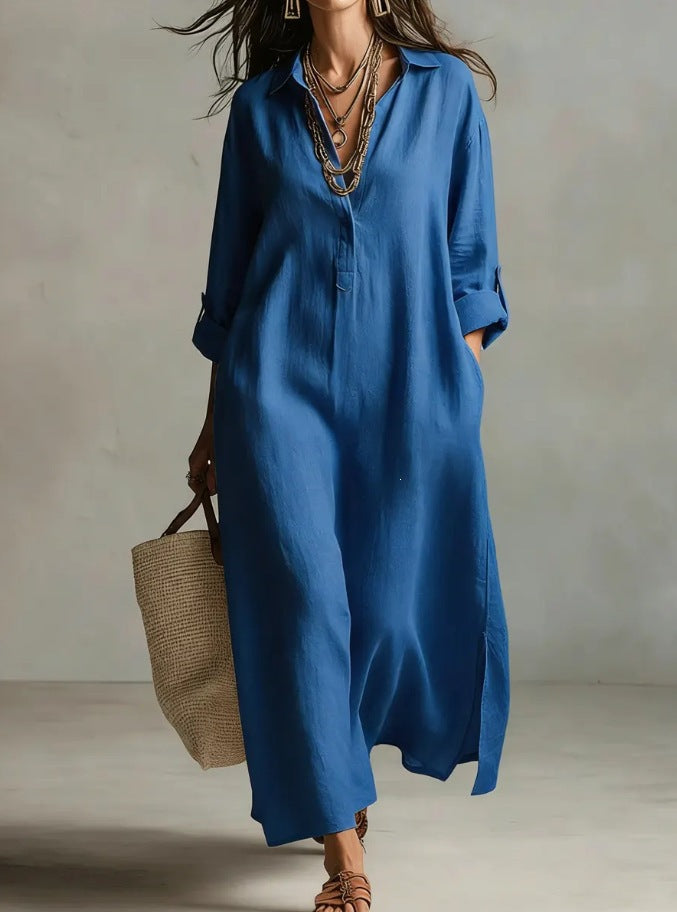 A Beige Linen Shirt Dress With A Relaxed French Vacation Vibe, Featuring A Turned-down Collar With A Half-placket, Rolled-up Sleeves, Side-slit Pockets, And A Long Shirt Dress Designperfect For Trave by Ricaloux