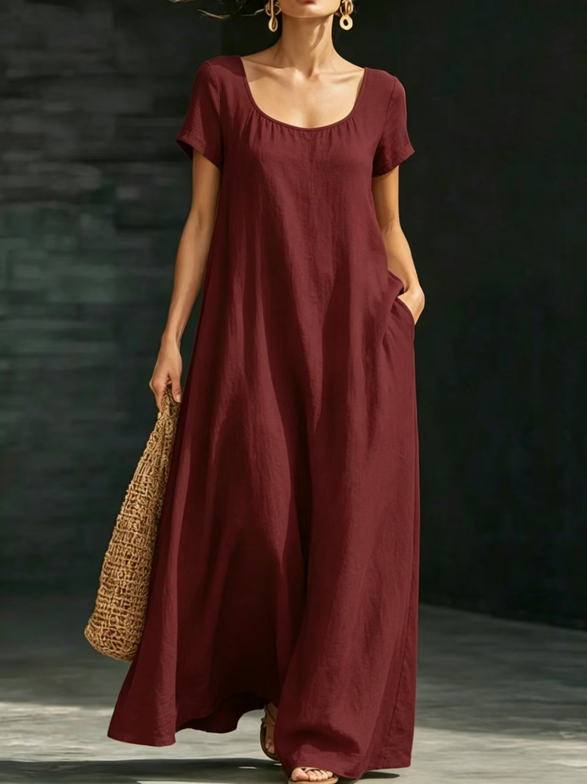 Summer Dress U-neck Short-sleeve Loose Casual Pure Color Full-skirted Long Dress by Ricaloux