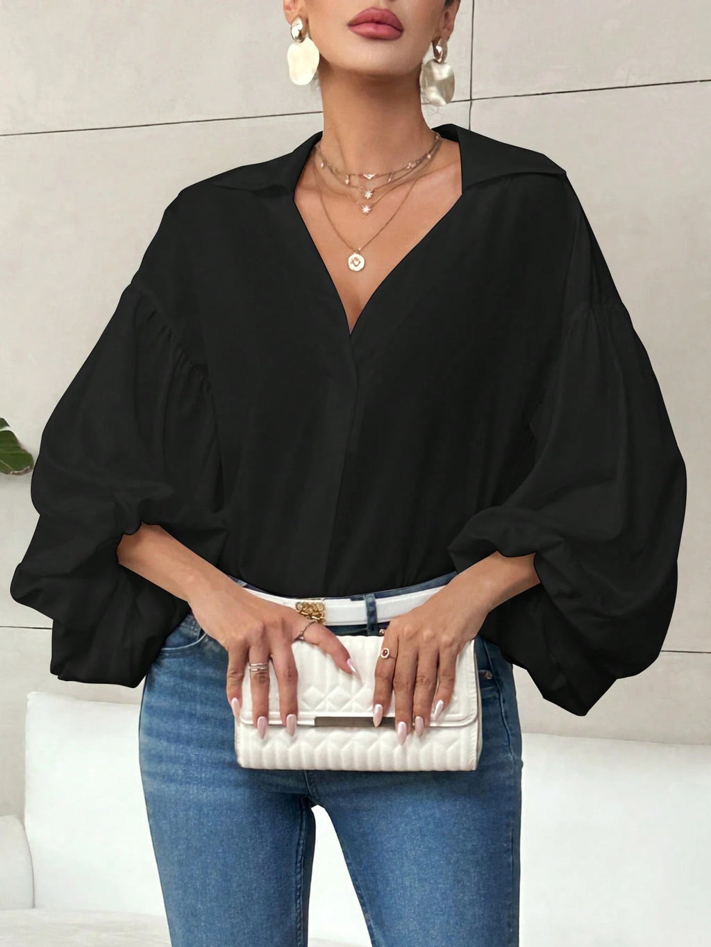 Niche Fashionable French Polka Dot Half-open Collar Design Loose Bubble Long Sleeve Top - RICALOUX