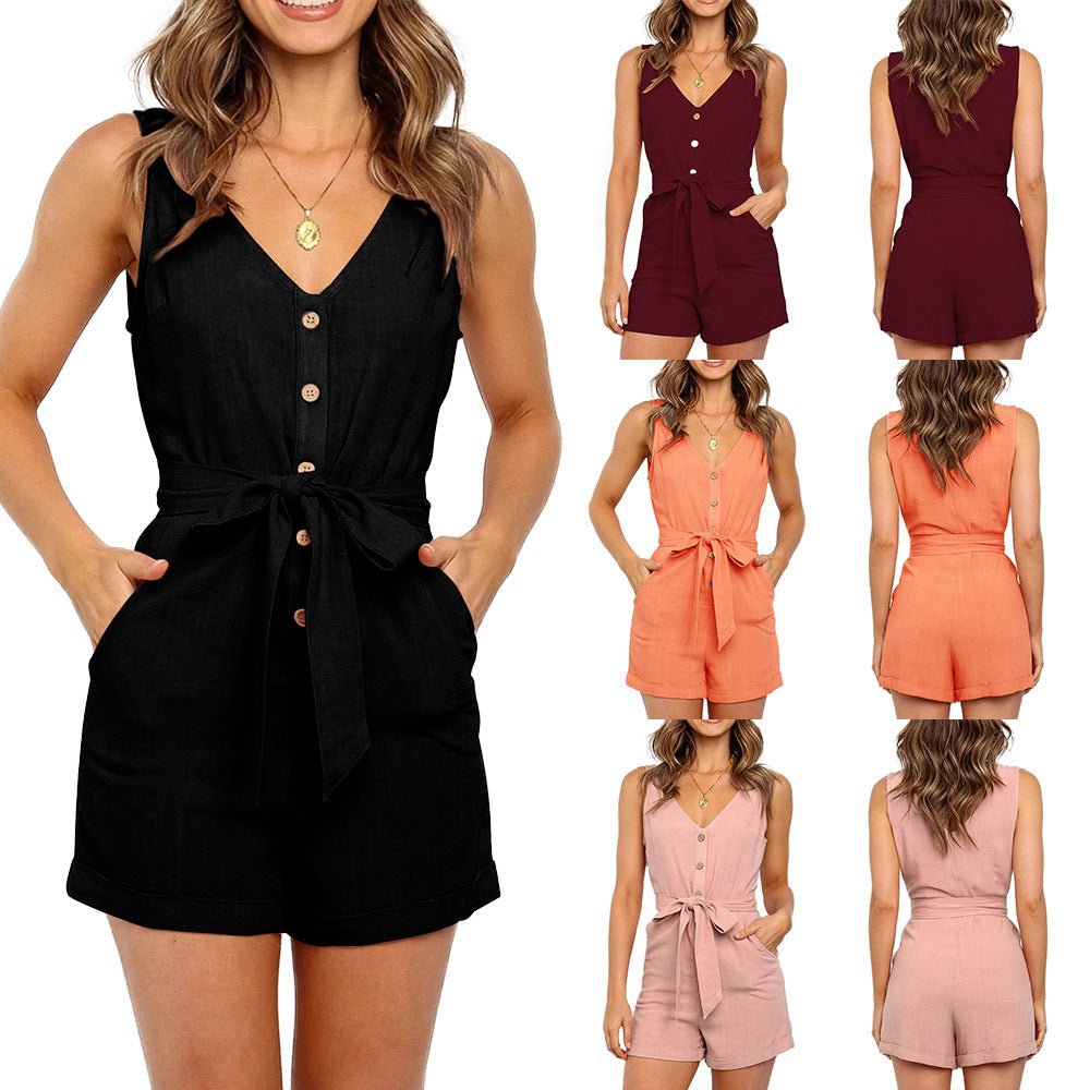 Button-down belt V-neck strapless jumpsuit - RICALOUX