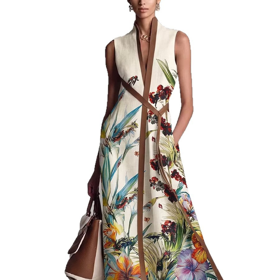 Sleeveless Long V-neck Printed Patchwork Dress by Ricaloux