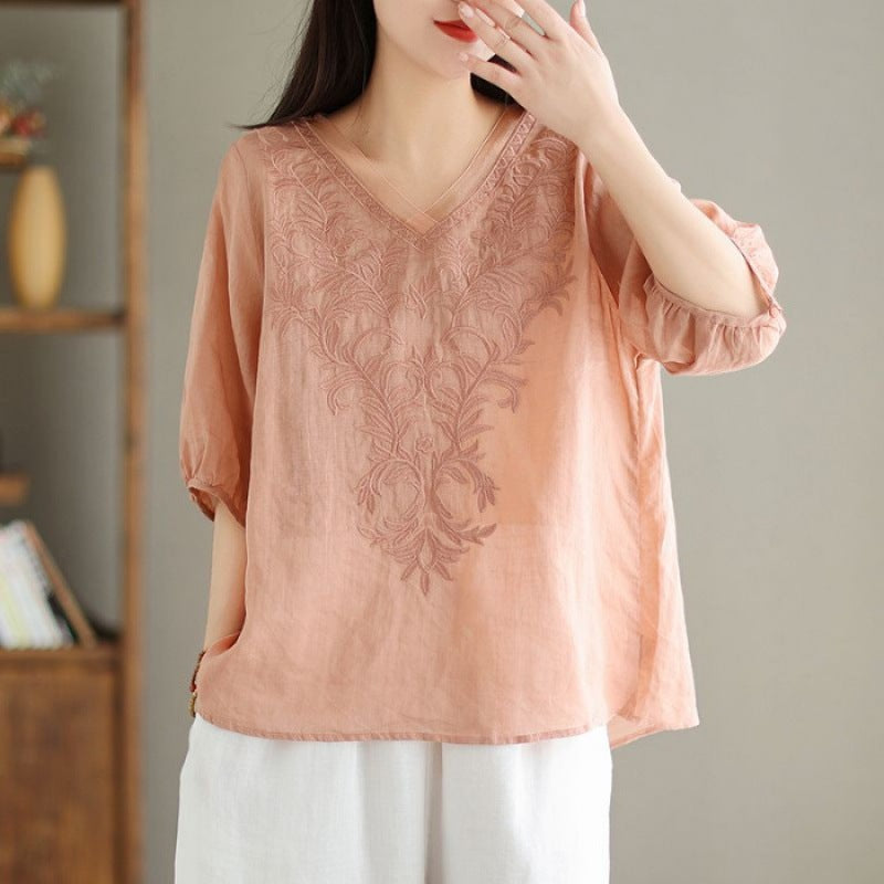 Embroidered Casual Versatile Lightweight High-end Cotton-linen Shirt by Ricaloux