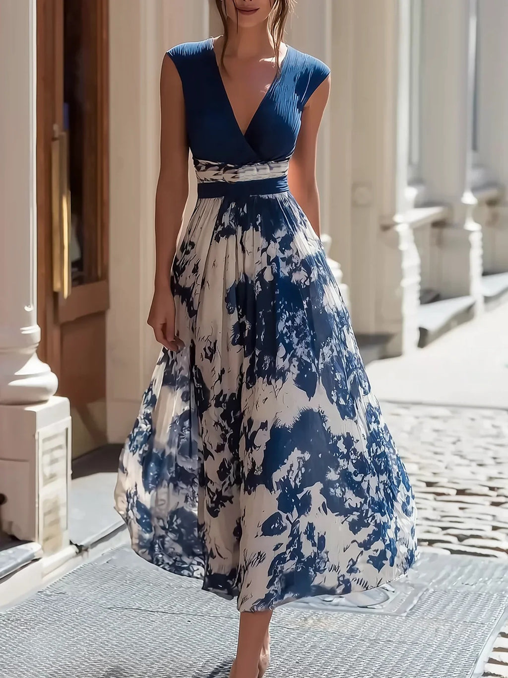 Sleeveless V-neck Blue-and-white Porcelain Print Dress by Ricaloux