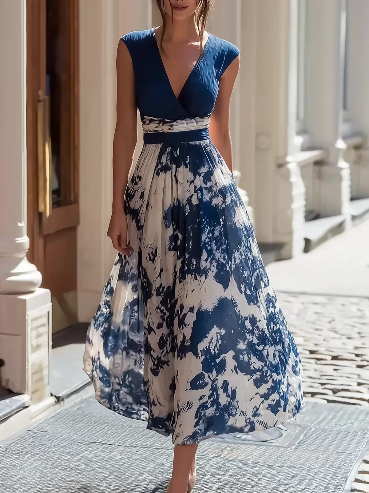 Sleeveless V-neck Blue-and-white Porcelain Print Dress by Ricaloux