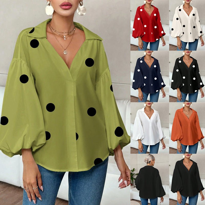 Niche Fashionable French Polka Dot Half-open Collar Design Loose Bubble Long Sleeve Top - RICALOUX