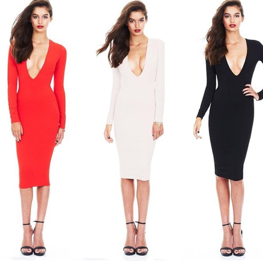 V-neck tight-fitting hip dress - RICALOUX