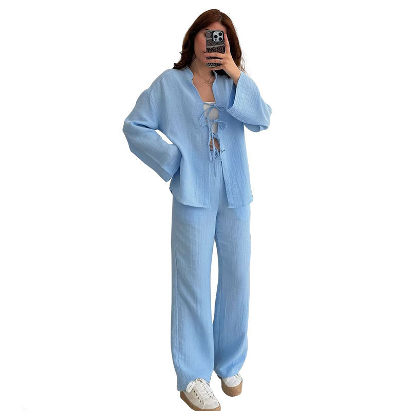 European And American-style Solid-color Lace-up Cardigan With Long Sleeves by Ricaloux