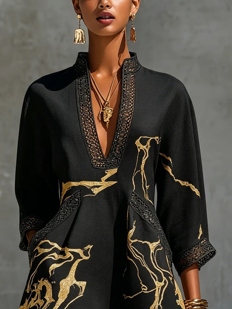 Printed V-neck Lace-trimmed Three-quarter-sleeve Mini Dress by Ricaloux