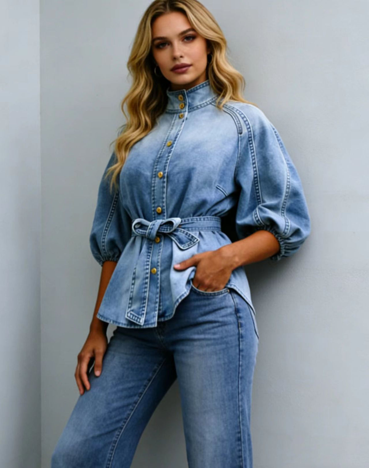 Lace-up Waist-cinching Bell-sleeve Cropped-sleeve Versatile Vintage Denim Shirt by Ricaloux
