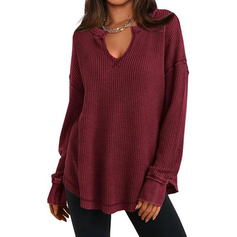 Womens AutumnWinter Casual Knitted Sweater Solid-Color Long-Sleeve V-Neck Waffle-Weave Hoodie Top by Ricaloux