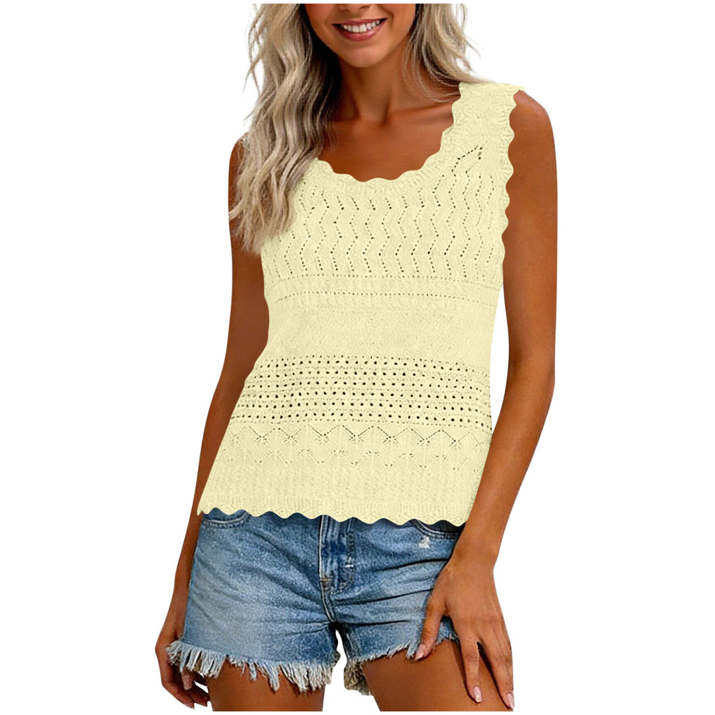 Women's Spring And Summer Cutout Knit Vest With Waves Ruffles Round Neck Breathable Outerwear And Innerwear Solid Color Sweater Innerwear – Premium 4 | RICALOUX