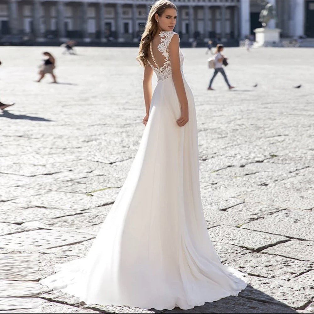 A Series Chiffon Wedding Dress V-neck Long Sleeve - RICALOUX
