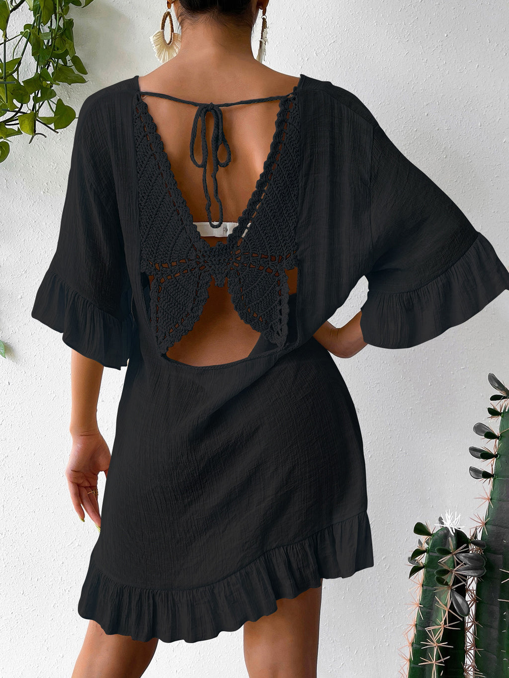 New V Neck Flare Sleeve Back Butterfly Print Sun Protection Dress, Bestseller Beach Cover Up Dress For Amazon – Premium 4 | RICALOUX
