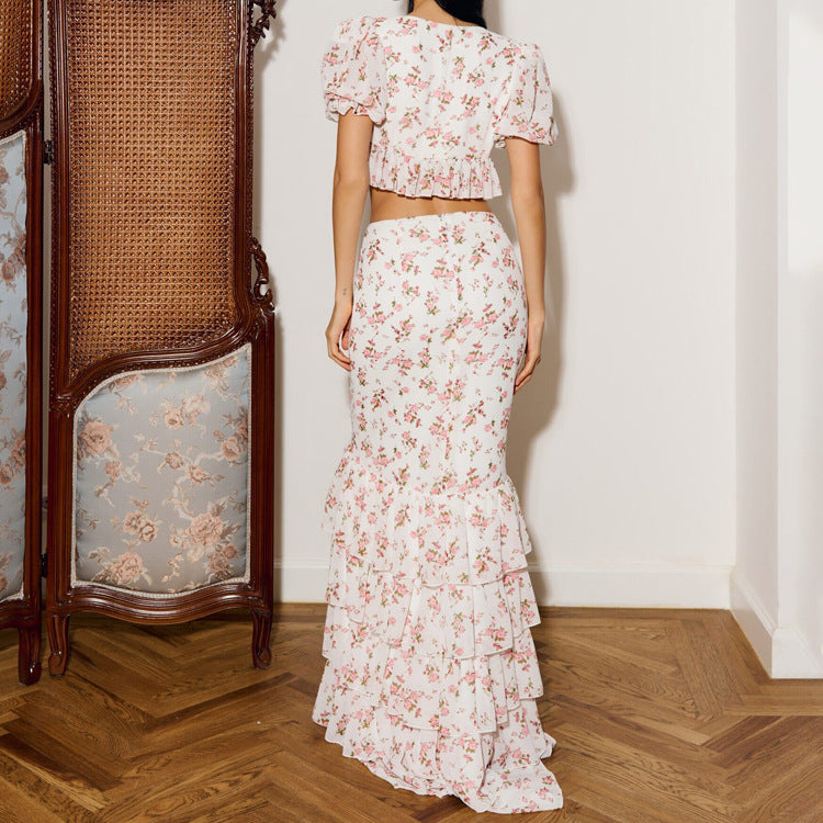 Square Neck Short-sleeved Crop Top And Bodycon Skirt Two-piece Set by Ricaloux