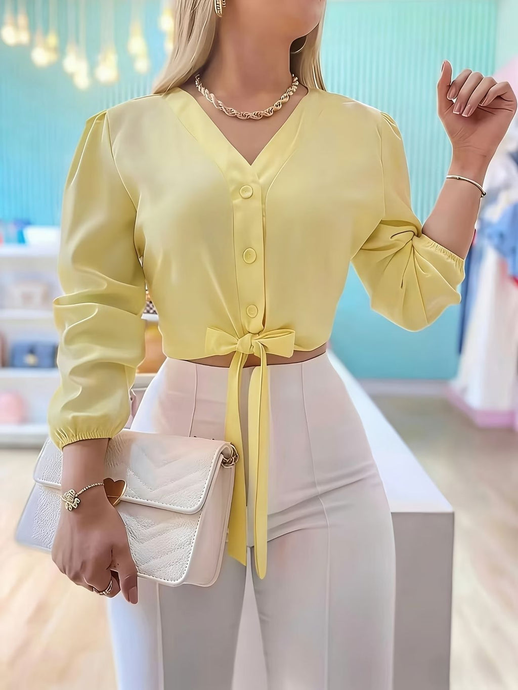 Long-sleeve Lace-up Casual Minimalist Cropped Blouse With Puff Sleeves – Premium 0 | RICALOUX