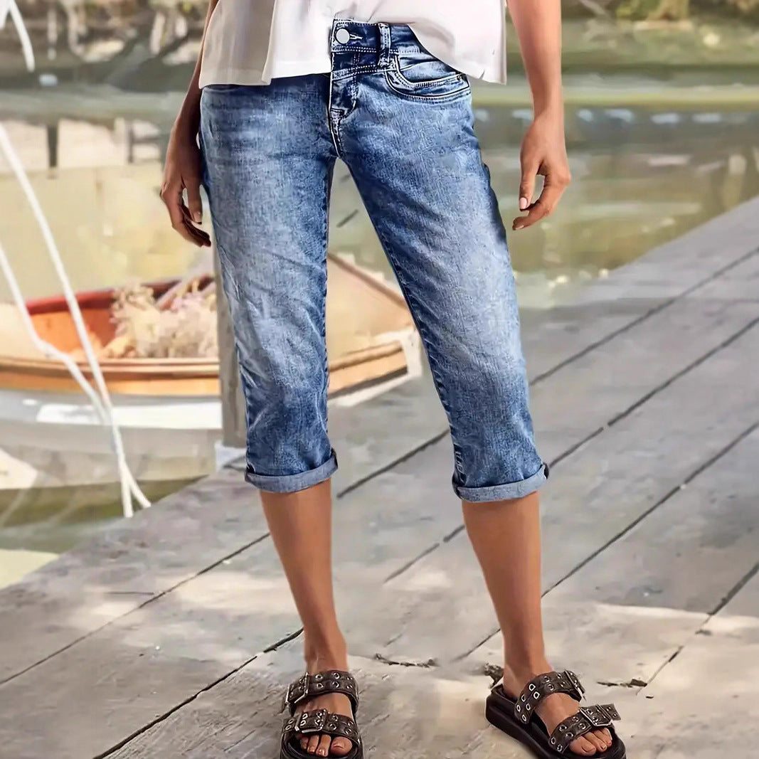 Crafted Wash Cuffed Hem Versatile Denim Mid-length Shorts by Ricaloux
