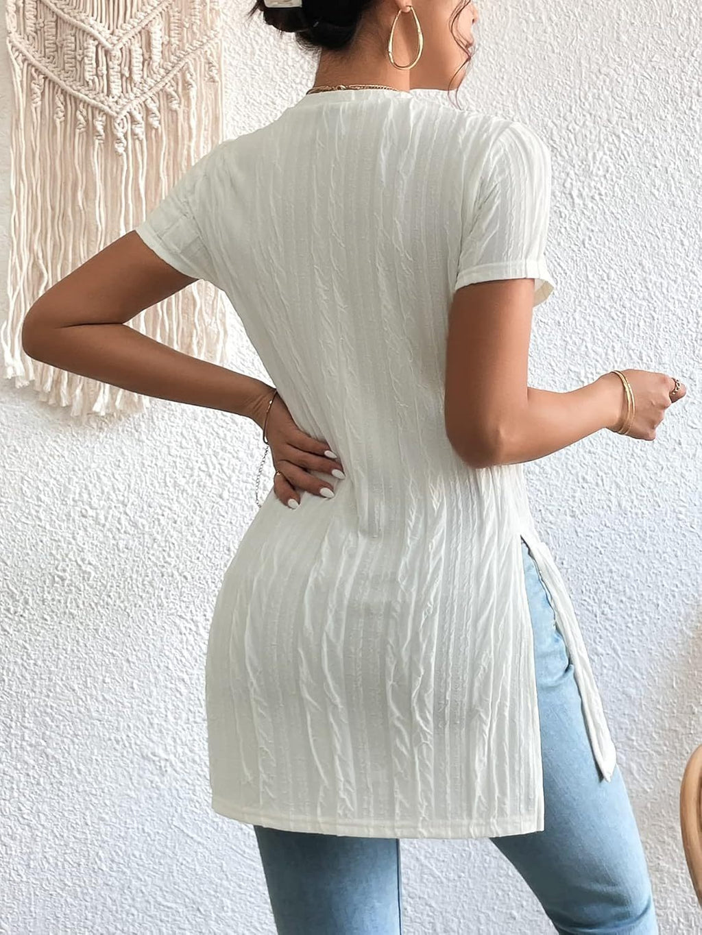 Women's Textured Short Sleeve Side Slit Tunic Top - Casual Loose Fit Longline Blouse by Ricaloux