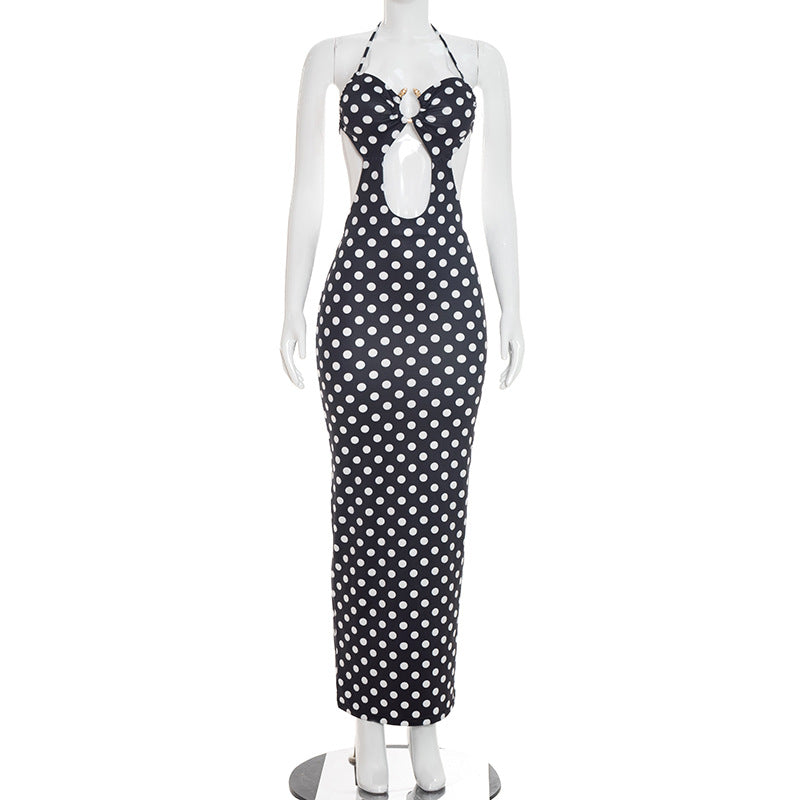 Womens Retro Polka-Dot Halterneck Hollow-Out Lace-Up Backless Long Dress by Ricaloux