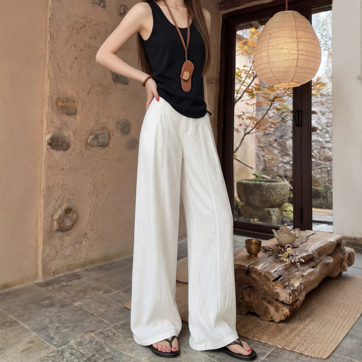 White Relaxed-fit Wide-leg Pants Womens Summer Lightweight Style by Ricaloux