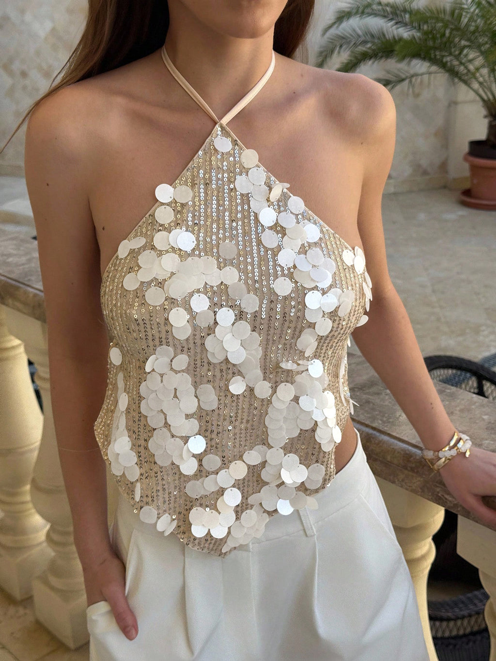 Womens Sequined Backless Halter-Neck Top by Ricaloux