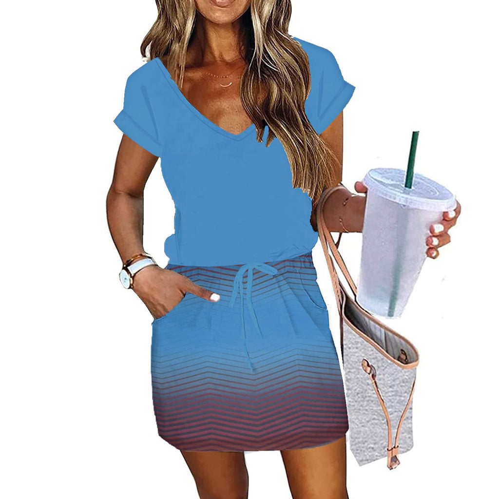V-neck Short-sleeved Pullover Dress With Drawstring Elastic Waist And Pockets by Ricaloux