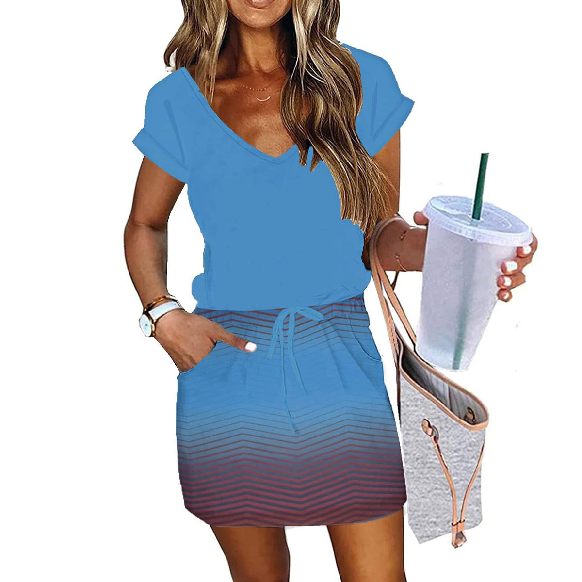 V-neck Short-sleeved Pullover Dress With Drawstring Elastic Waist And Pockets by Ricaloux