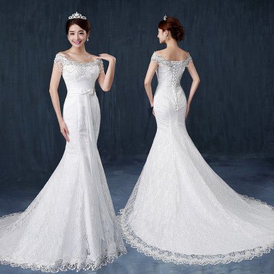 Fishtail wedding bride wedding dress one word shoulder slim slimming small trailing studio wedding dress - RICALOUX