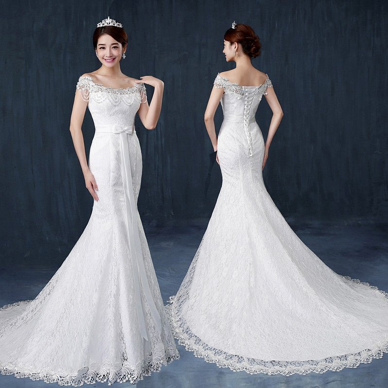 Fishtail wedding bride wedding dress one word shoulder slim slimming small trailing studio wedding dress - RICALOUX
