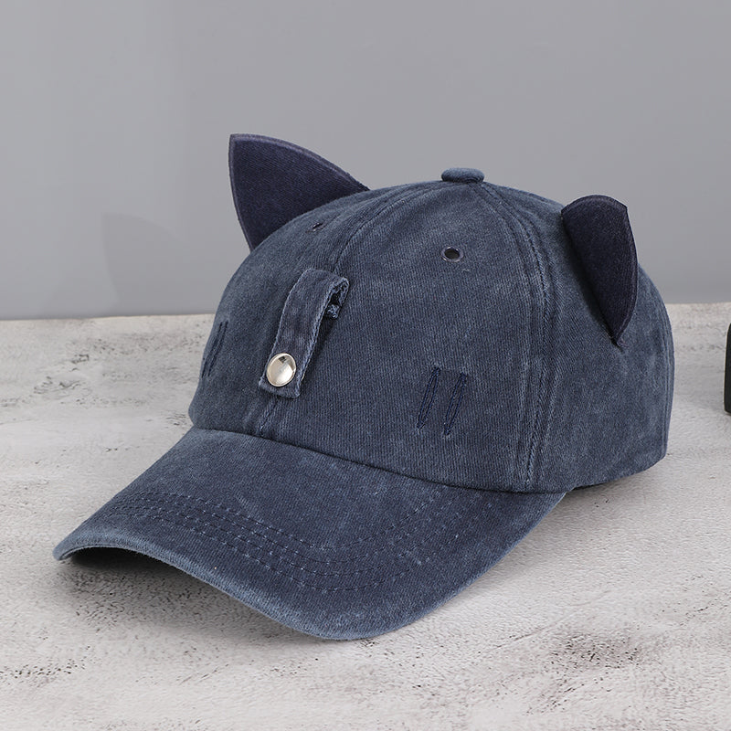 Washed And Distressed Three-dimensional Cat-ear Cat Whiskers Hole Baseball Cap, Sweet And Cool Street Style Daily Sun Protection – Premium 4 | RICALOUX