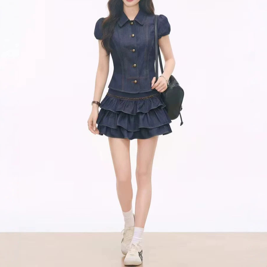 Womens Short-sleeve Shirt And Tiered Skirt Set – Premium 0 | RICALOUX