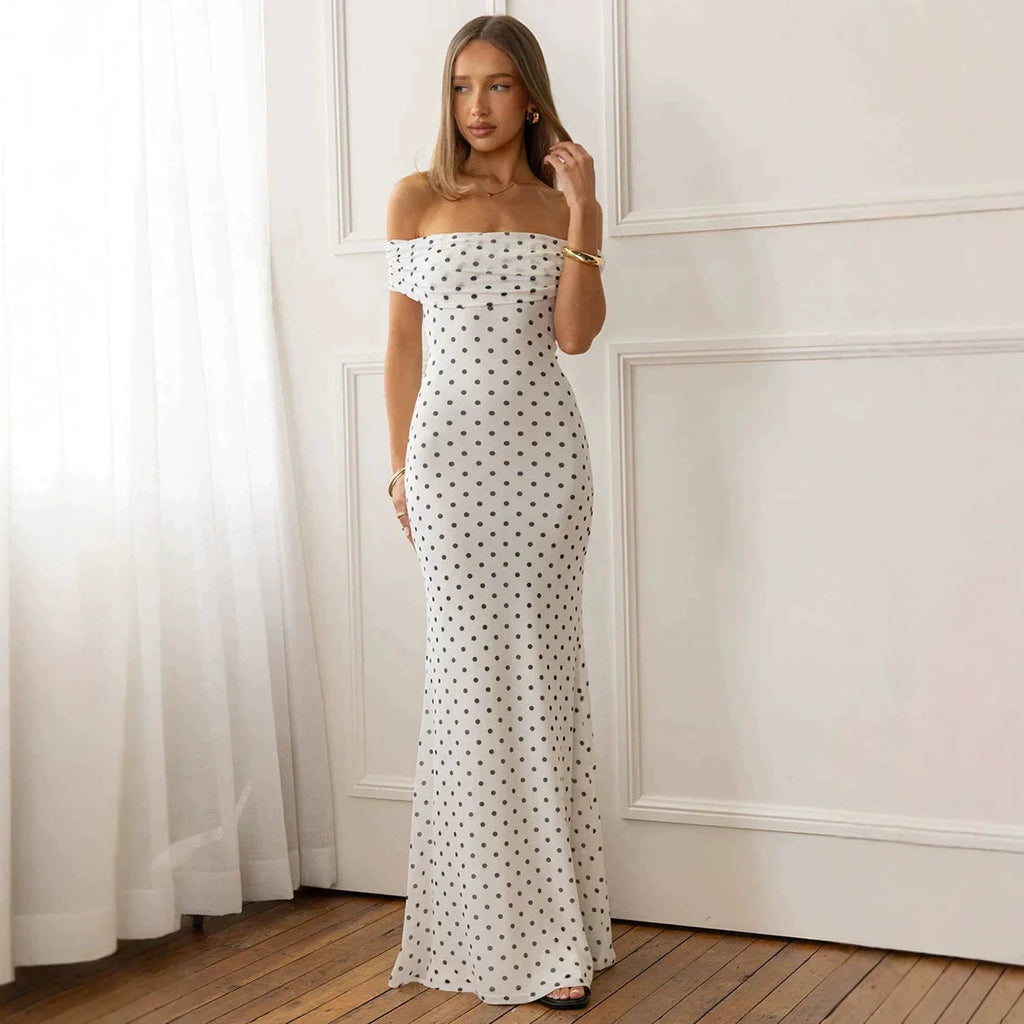 Fashionable Polka-dot Mesh Off-shoulder Backless Dress by Ricaloux
