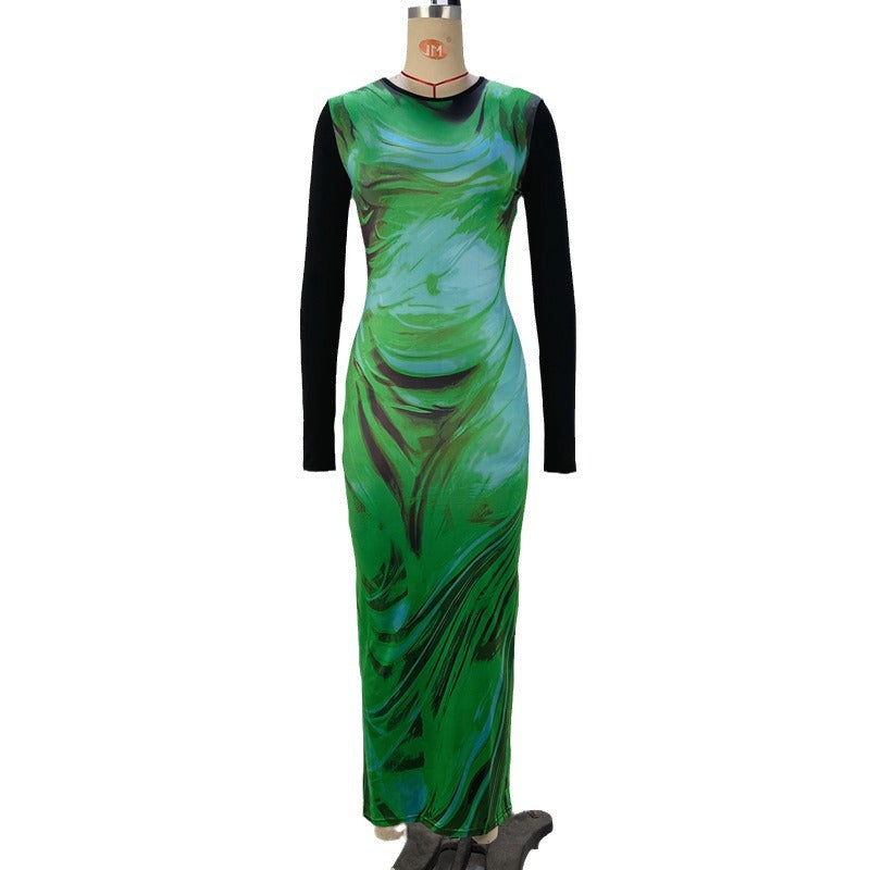 Round-neck Printed Long-sleeve Waist-cinching Sheath Dress by Ricaloux