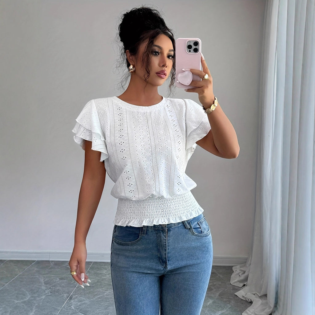 Womens Solid-Color Casual Round-Neck Top by Ricaloux