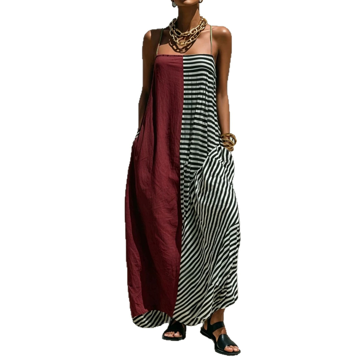 Printed Striped Strap Sleeveless Long Dress by Ricaloux