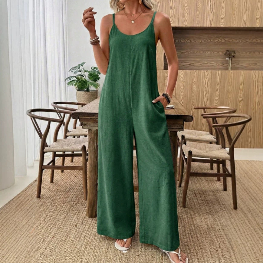Womens Casual Resort-style Loose-fit Strap Solid-color Jumpsuit – Premium 0 | RICALOUX