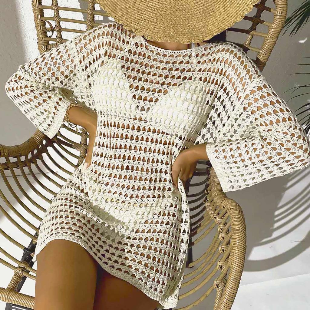 New Summer Women Knit Hollow Out Beach Dress, Crew Neck Long Sleeve Pullover Bikini Cover Up For Europe & America by Ricaloux