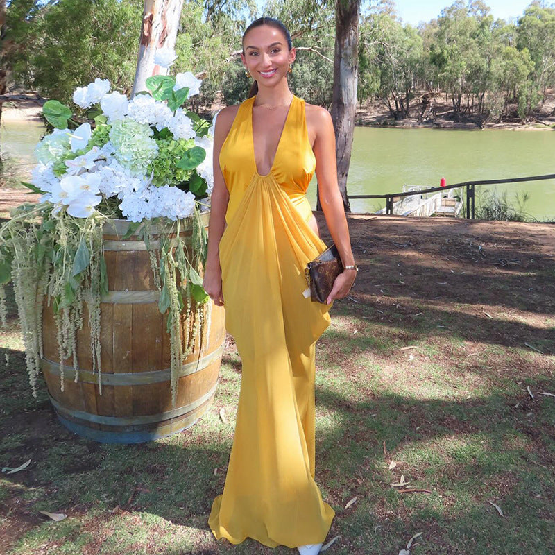 Deep V Sexy Pleated Waist Dress by Ricaloux