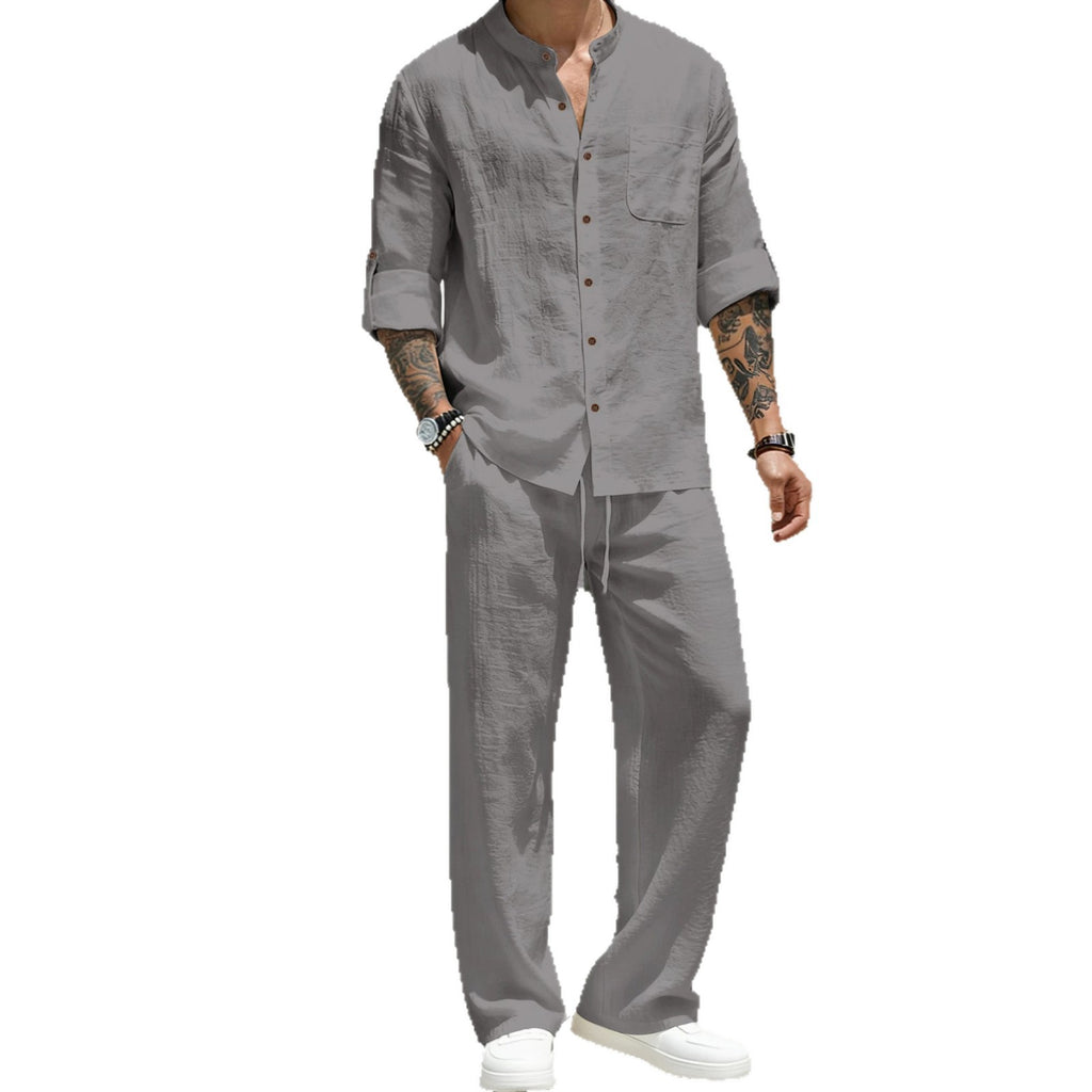 Mens Solid-Color Linen Long-Sleeve Shirt And Pants Two-Piece Set – Premium 0 | RICALOUX