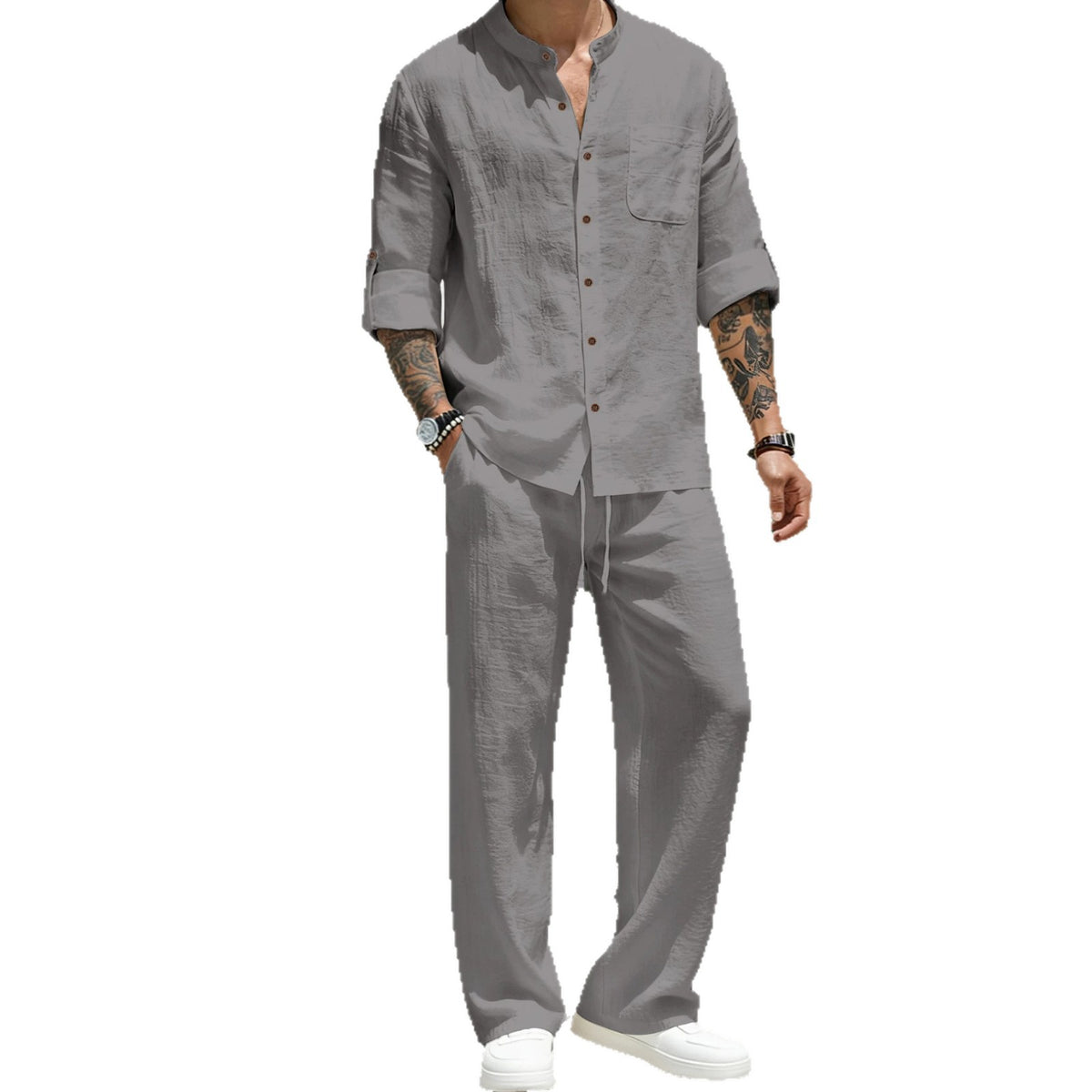 Mens Solid-Color Linen Long-Sleeve Shirt And Pants Two-Piece Set – Premium 0 | RICALOUX