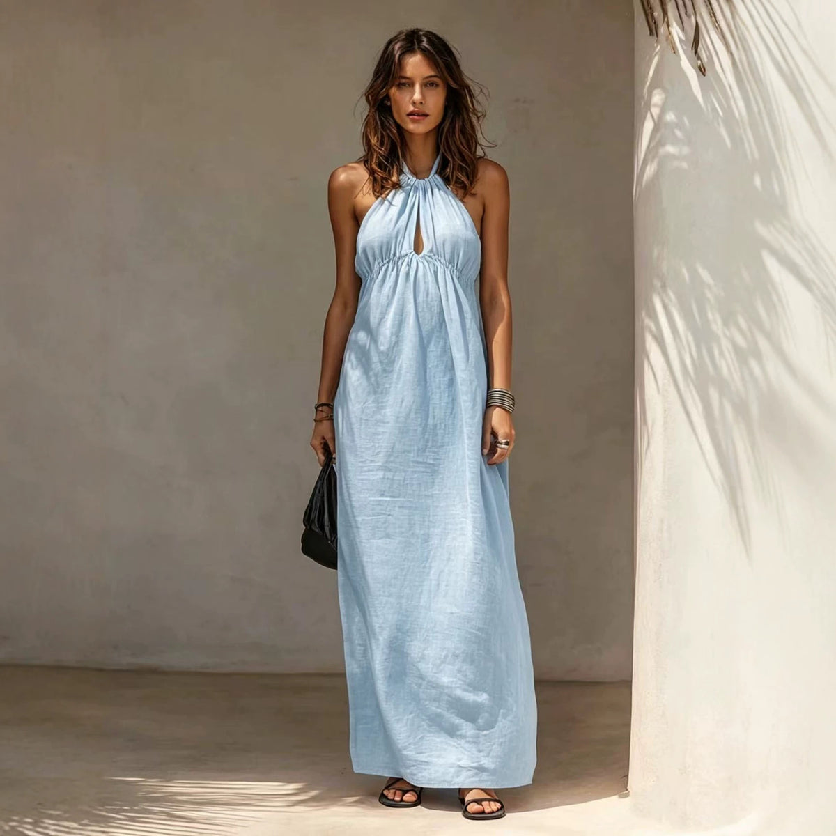 Womens Solid-color Long Halter-neck Dress – Premium 0 | RICALOUX