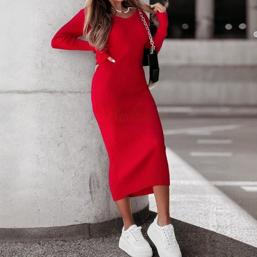 V-neck Long-sleeve Backless Sheath Dress by Ricaloux