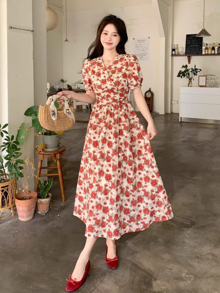 French-style Vintage Red V-neck Floral-print Dress For WomenSummer by Ricaloux